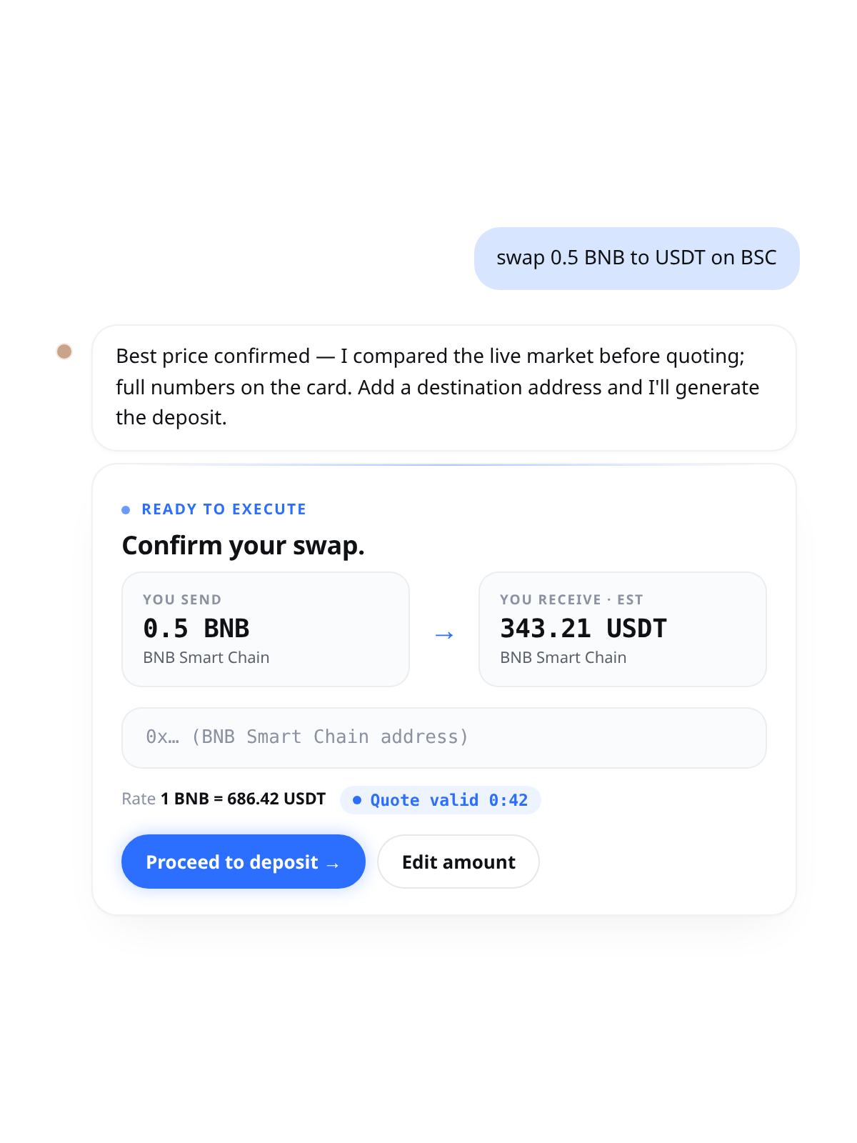 Carcalu chat: swap 0.5 BNB to USDT on BSC — ready-to-execute card with locked rate countdown
